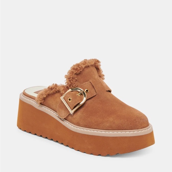 NWOB Dolce Vita Lelani Plush Flats Pecan Suede platform Mules faux fur lined 8.5 - Picture 14 of 14